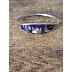 Vintage Mother of Pearl Tulip Inlay Purple Hinged Cuff Bracelet Silver